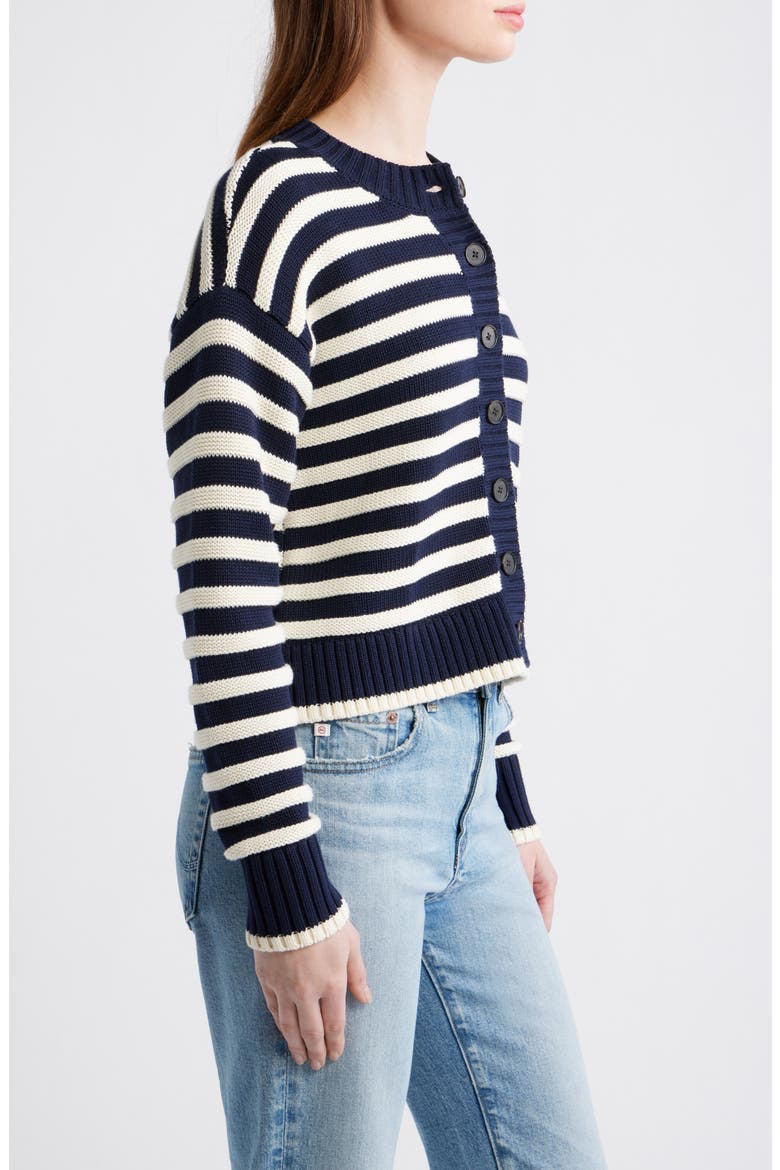 Button Front Cotton Crewneck Cardigan, Alternate, color, CLASSIC IVORY STRIPE