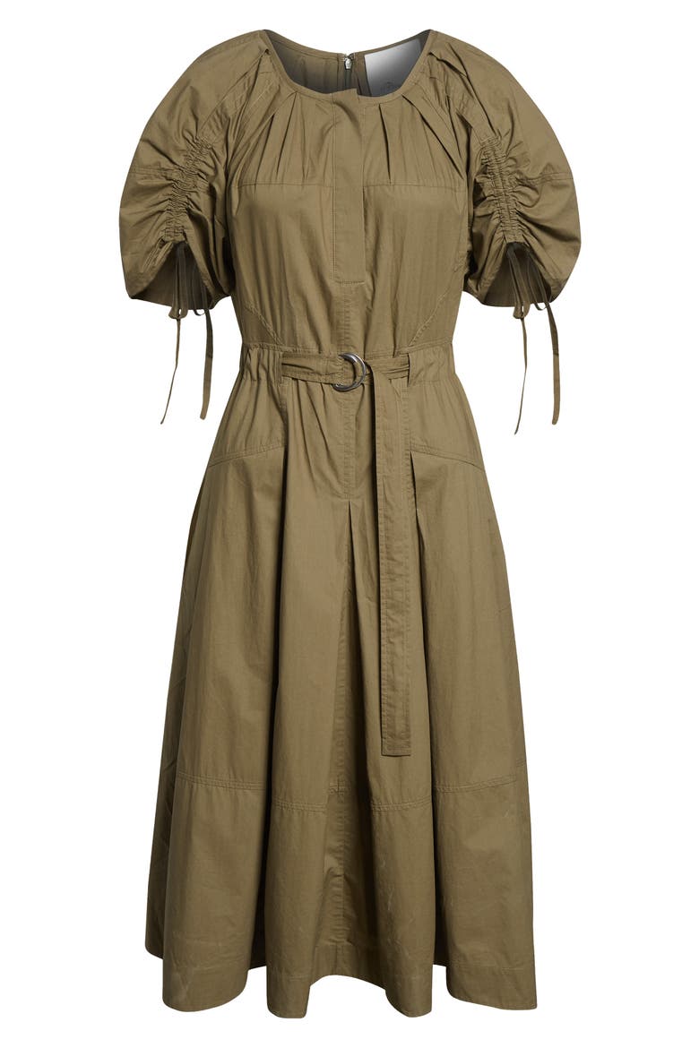 Puff Drawstring Sleeve Cotton Midi Dress, Alternate, color, CAPER