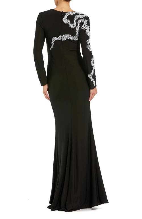 Mac Duggal Elegant Beaded Swirl Applique Gown In Black
