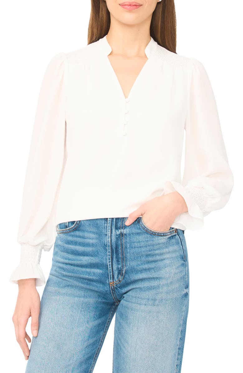 CeCe Half Placket Smocked Accent Top, Main, color, New Ivory