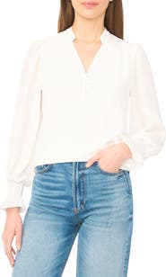 CeCe Half Placket Smocked Accent Top