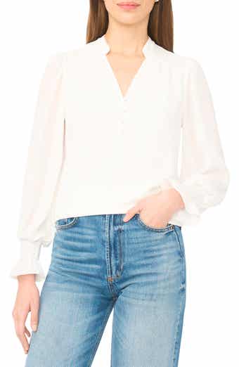 CeCe Half Placket Smocked Accent Top