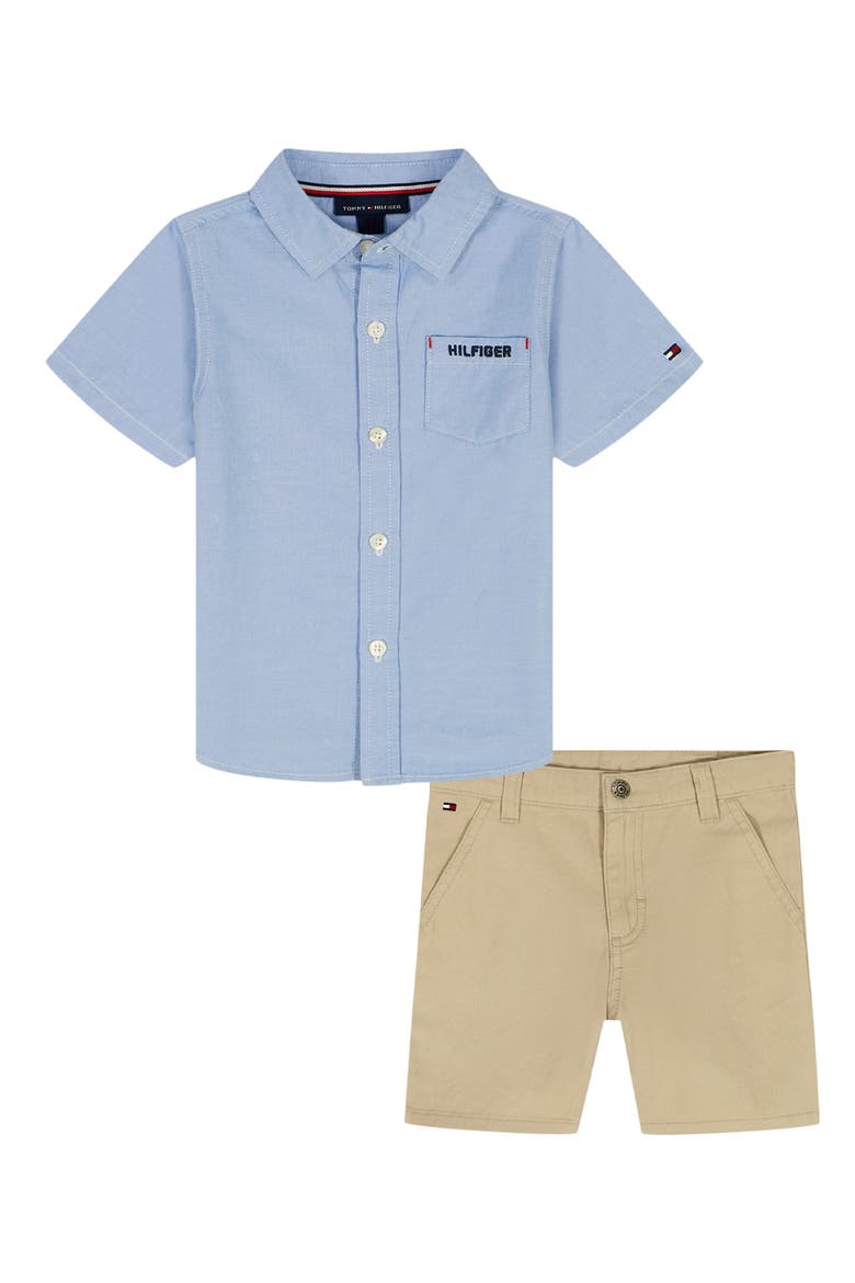 Logo Short Sleeve Button-Up Shirt & Shorts Set, Main, color, BLUE