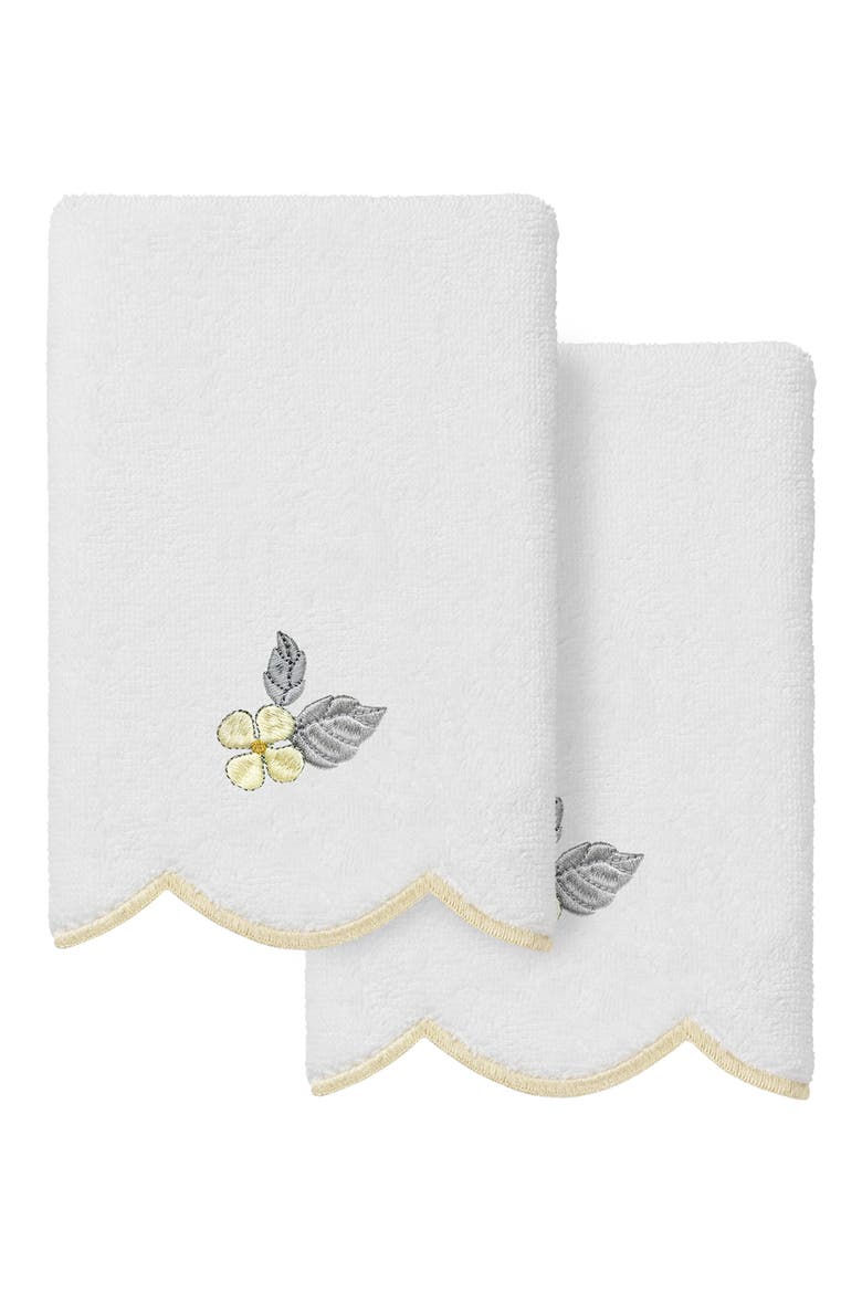 Hydea Scallop 2-Piece Embellished Fingertip Towel Set, Main, color, WHITE/ BEIGE