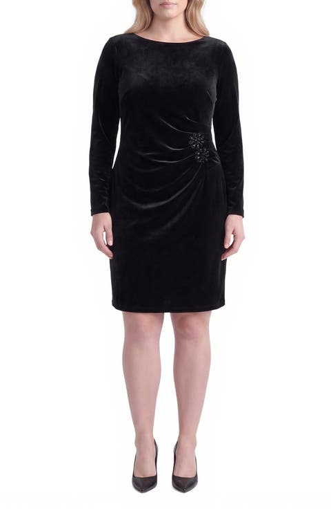 Side Pleat Velvet Long Sleeve Sheath Dress