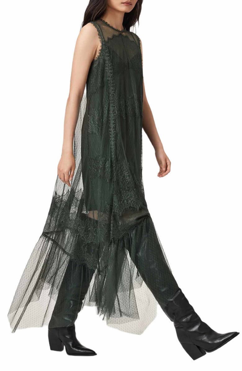 AllSaints Clara Sheer Lace Sleeveless Handkerchief Hem Dress, Alternate, color, Emerald Green