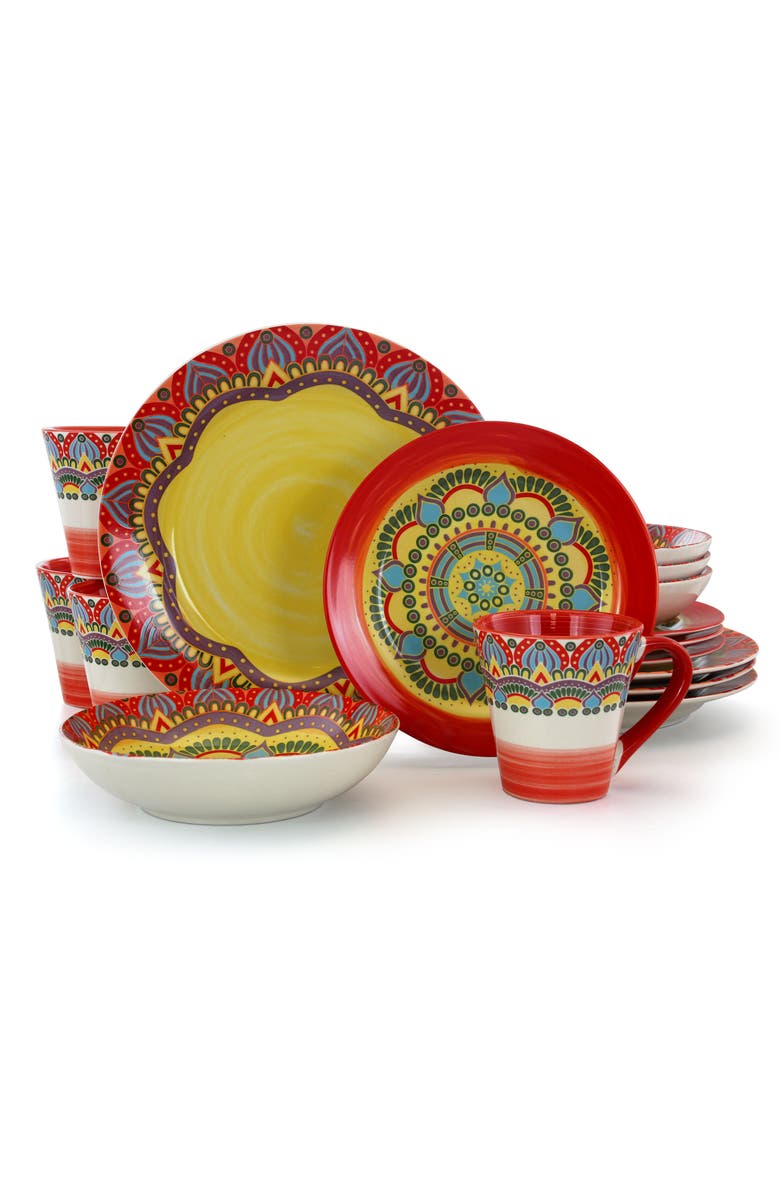 Elama Zen Mozaik 16 Piece Luxurious Stoneware Dinnerware with Complete Setting for 4, 16pc, Main, color, Red