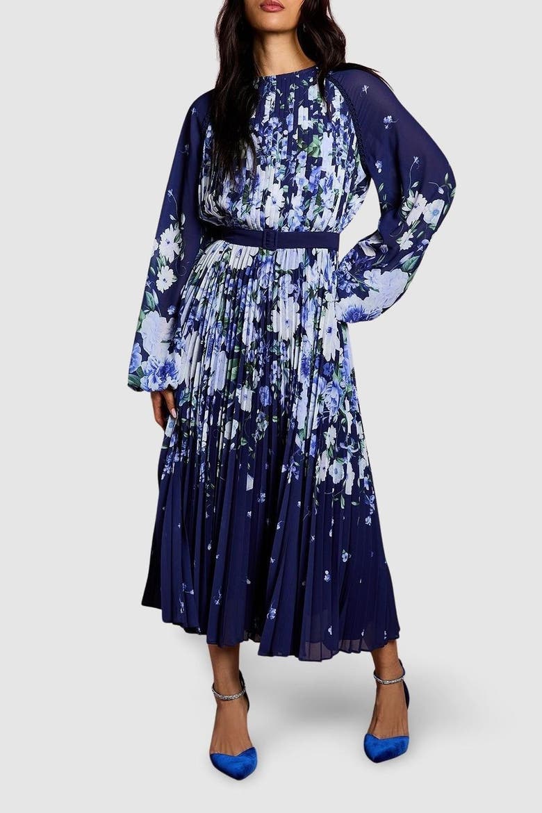 Floral Pleated Georgette Midi Dress, Alternate, color, Navy