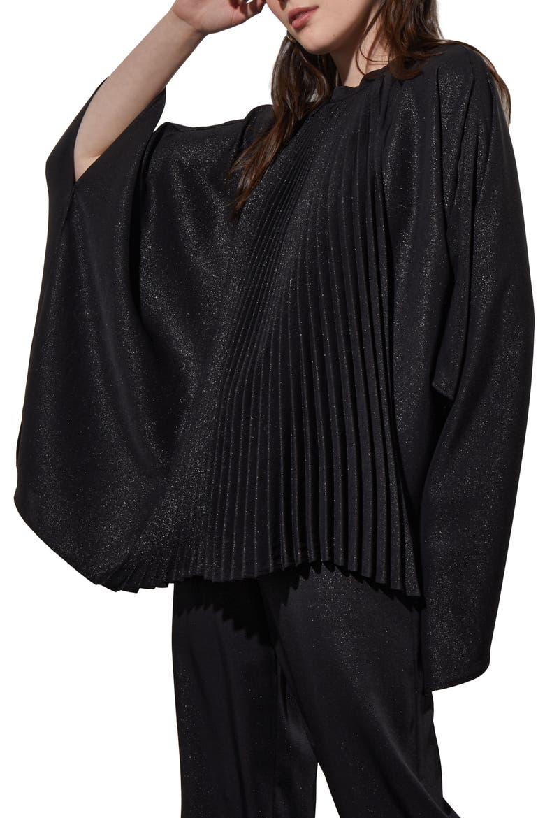 Shimmering Pleated Woven Top, Alternate, color, BLACK/ SILVER