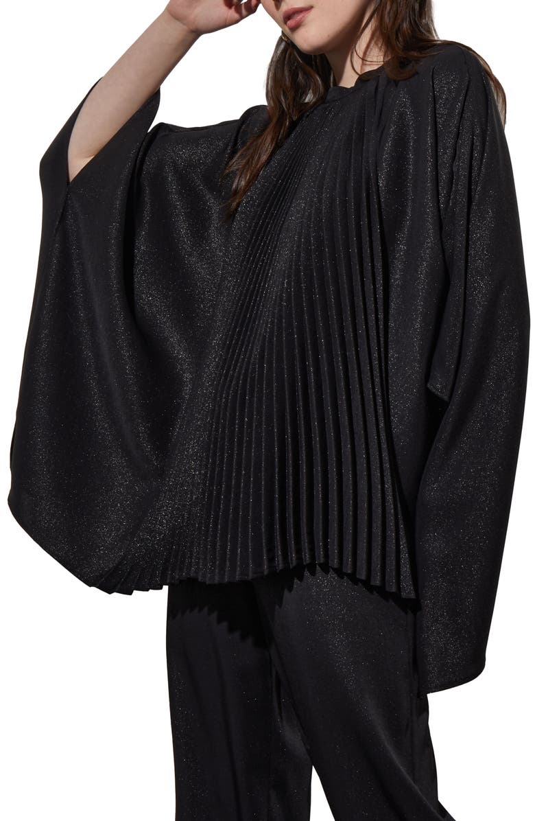 Ming Wang Shimmering Pleated Woven Top, Alternate, color, Black/ Silver