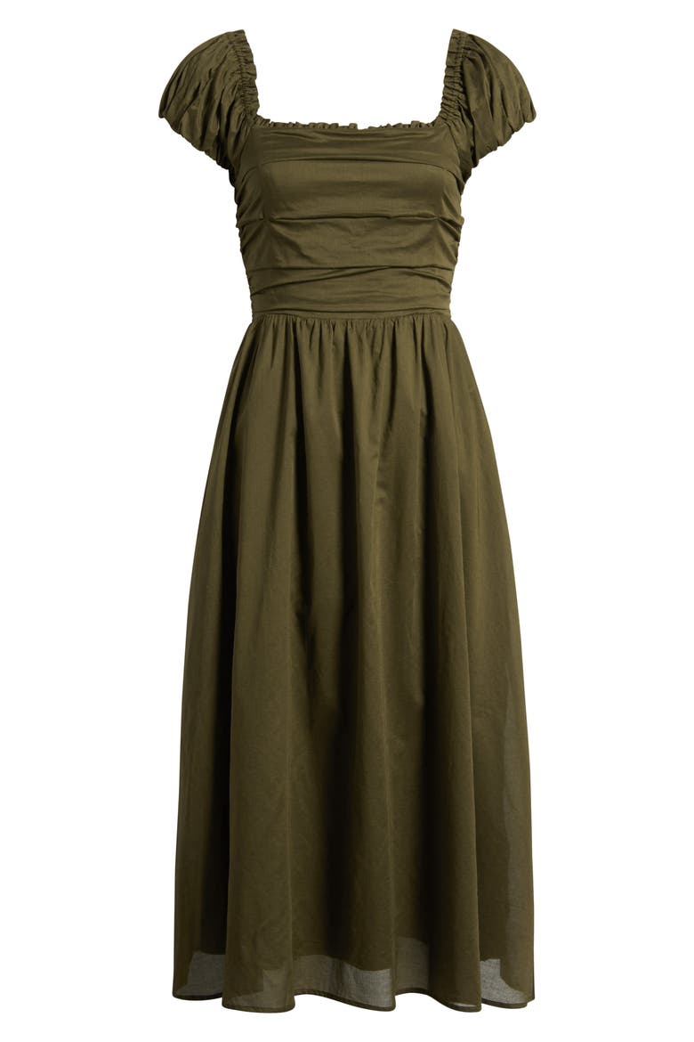 Gathered Bodice Cotton Midi Dress, Alternate, color, OLIVE