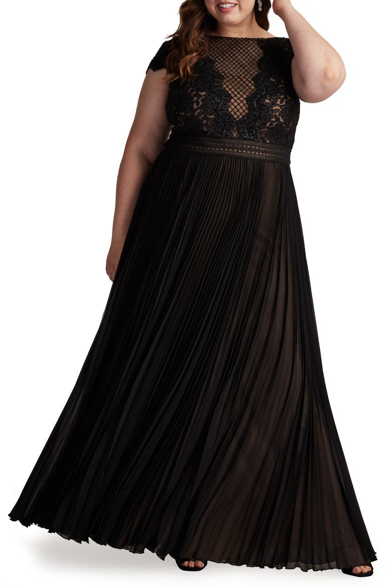 Sequin & Lace Bodice Pleated A-Line Gown, Main, color, BLACK/ NUDE