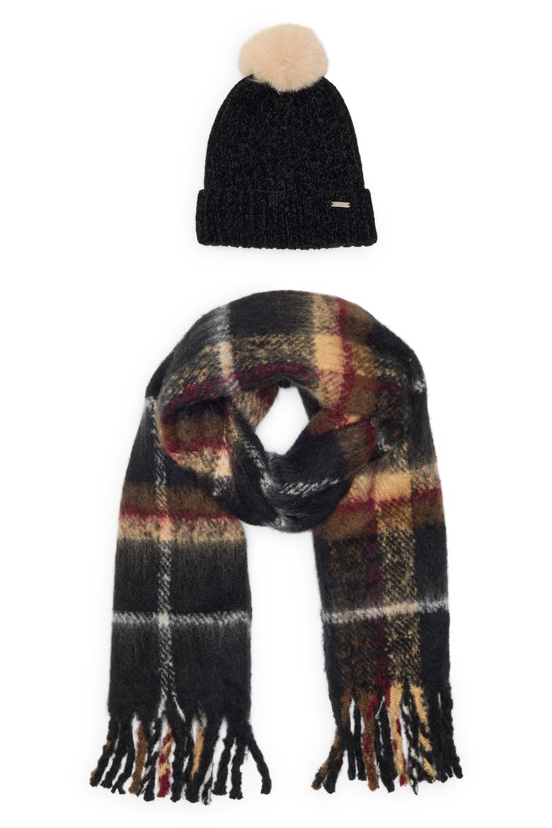 Plaid Scarf & Chenille Beanie Gift Set, Alternate, color, BLACK