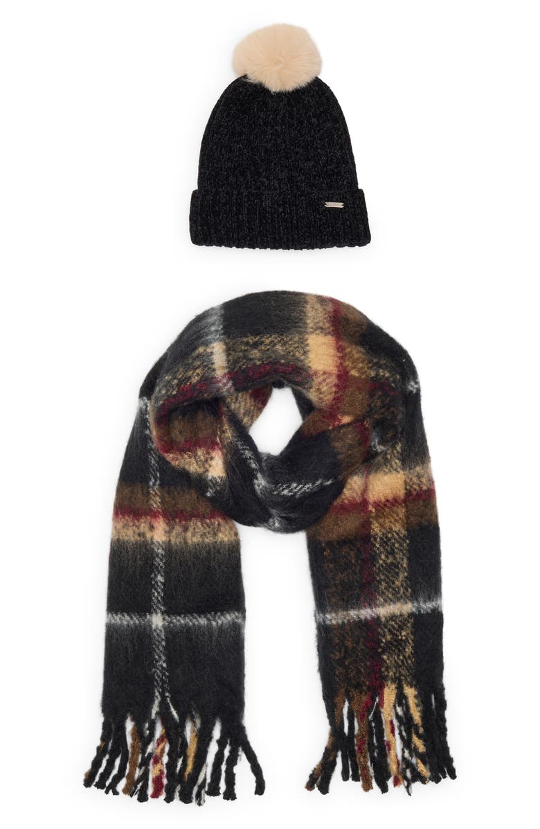 Steve Madden Plaid Scarf & Chenille Beanie Gift Set, Alternate, color, Black