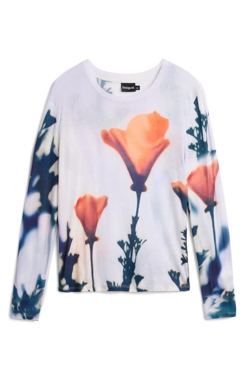 Desigual Print Long Sleeve Cotton T-shirt In White