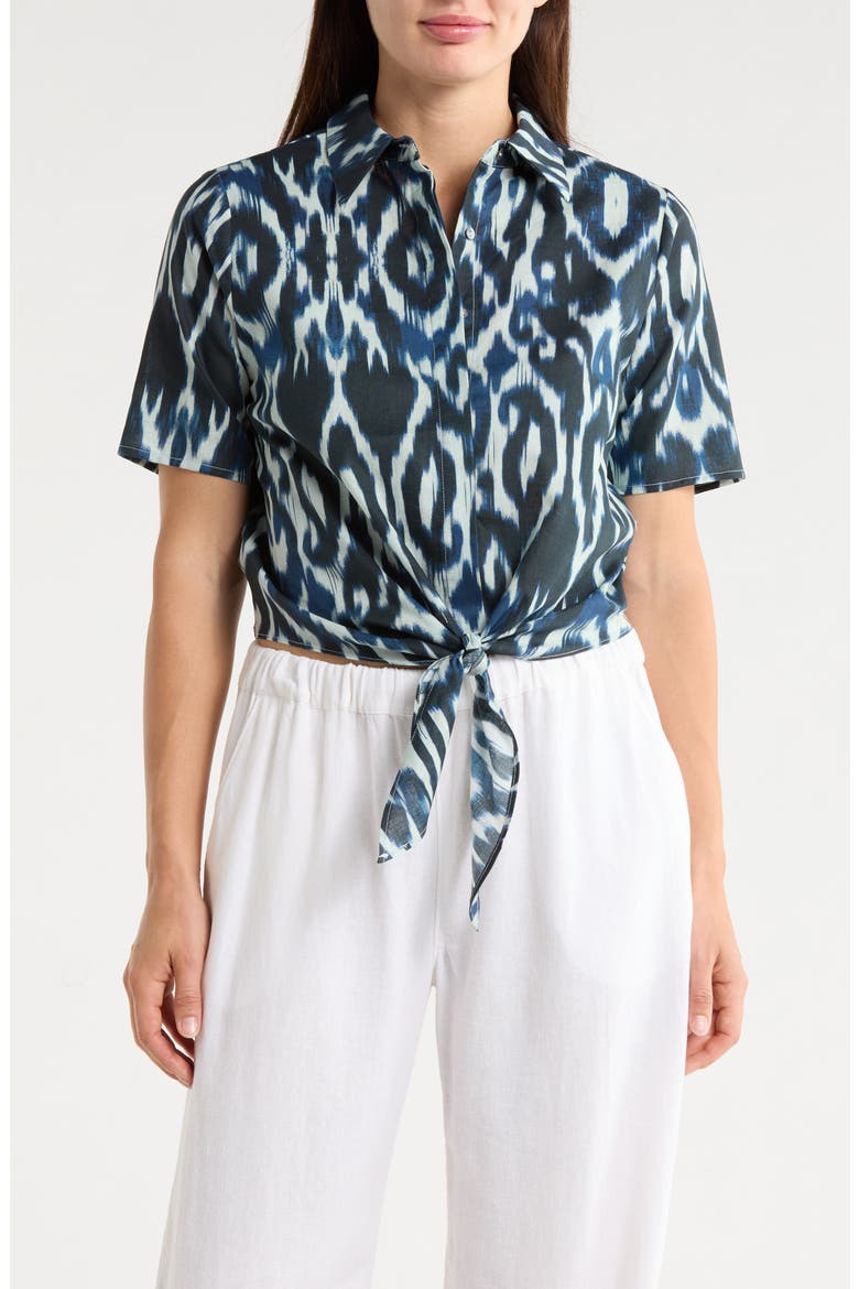Short Sleeve Tie Front Cotton & Linen Crop Shirt, Main, color, IVORY/ NAVY IKAT PRINT