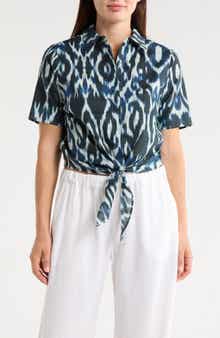 T Tahari Short Sleeve Tie Front Cotton & Linen Crop Shirt