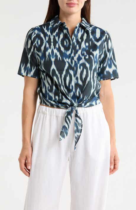 T Tahari Short Sleeve Tie Front Cotton & Linen Crop Shirt