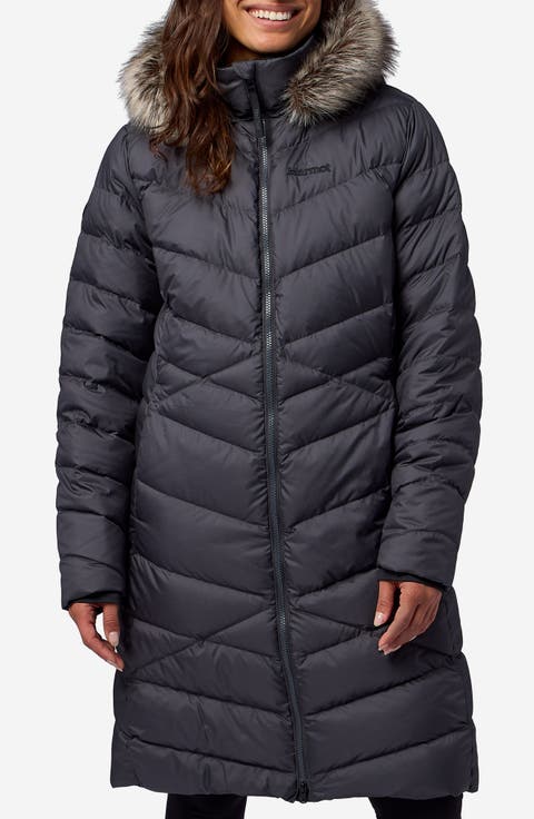 Emberous 700-Fill-Power Down Long Coat with Removable Faux Fur Trim