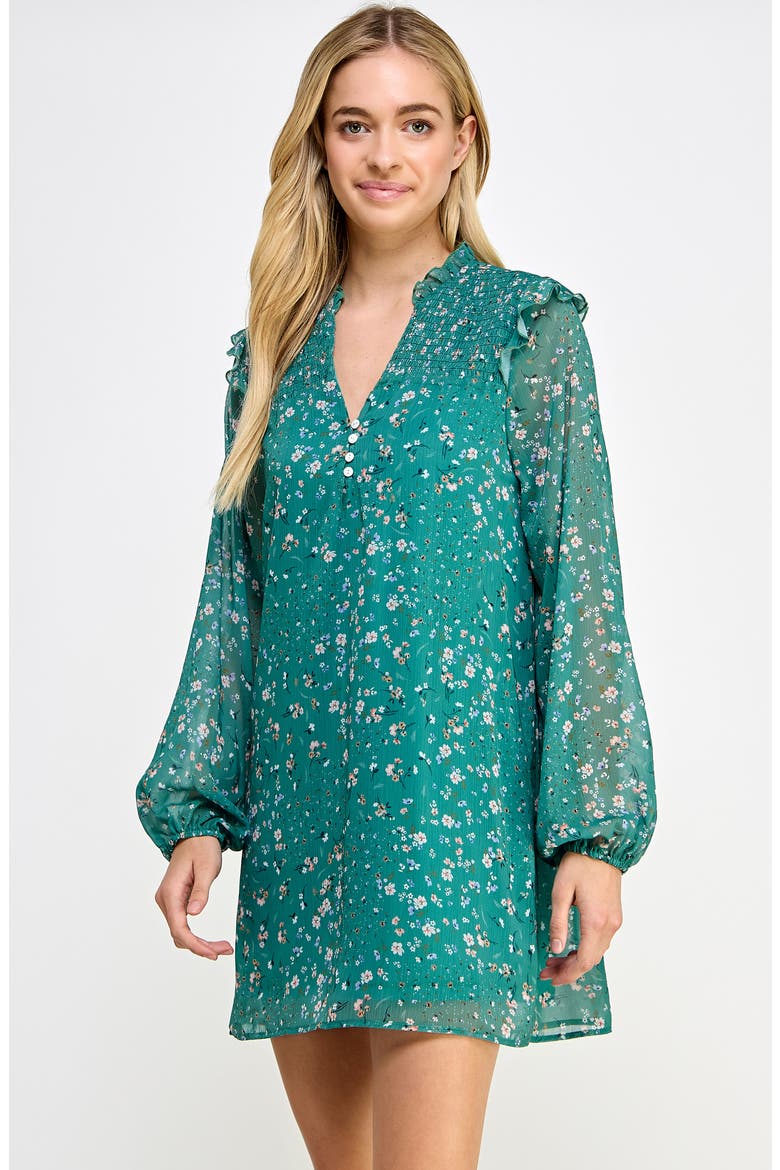 V-Neck Floral Print Smocked Long Sleeve Minidress, Alternate, color, GREEN FLORAL