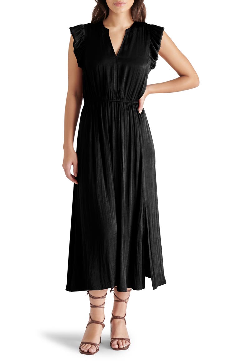 Allegra Ruffle Sleeve Satin Midi Dress, Main, color, BLACK