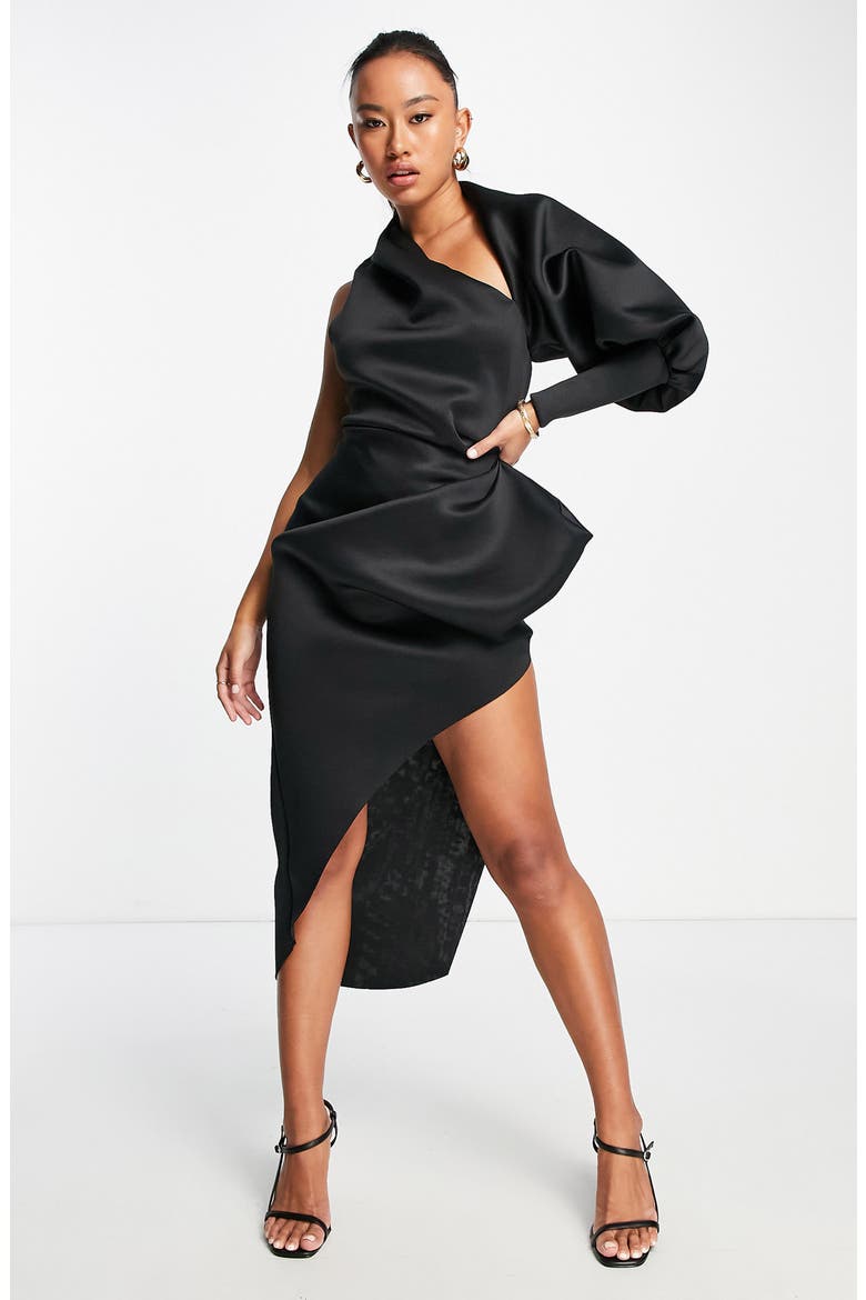 One-Sleeve Asymmetric Ruched Satin Cocktail Dress, Alternate, color, BLACK