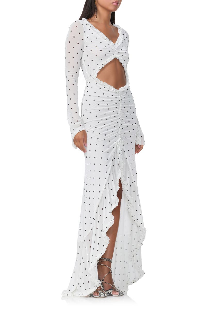 AFRM Cat Ruched Semisheer Long Sleeve Cutout High-Low Hem Maxi Dress, Alternate, color, Blanc Micro Dot