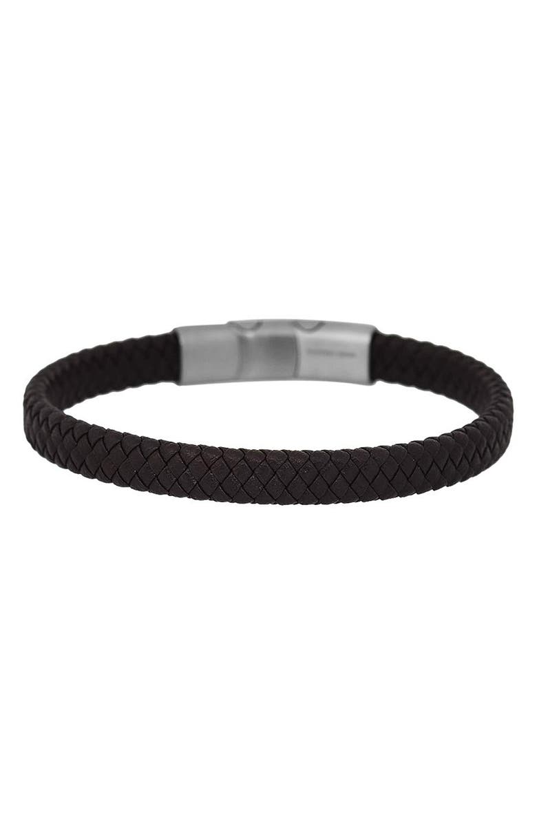 GEOFFREY BEENE Men's Woven Leather Bracelet, Alternate, color, Silver