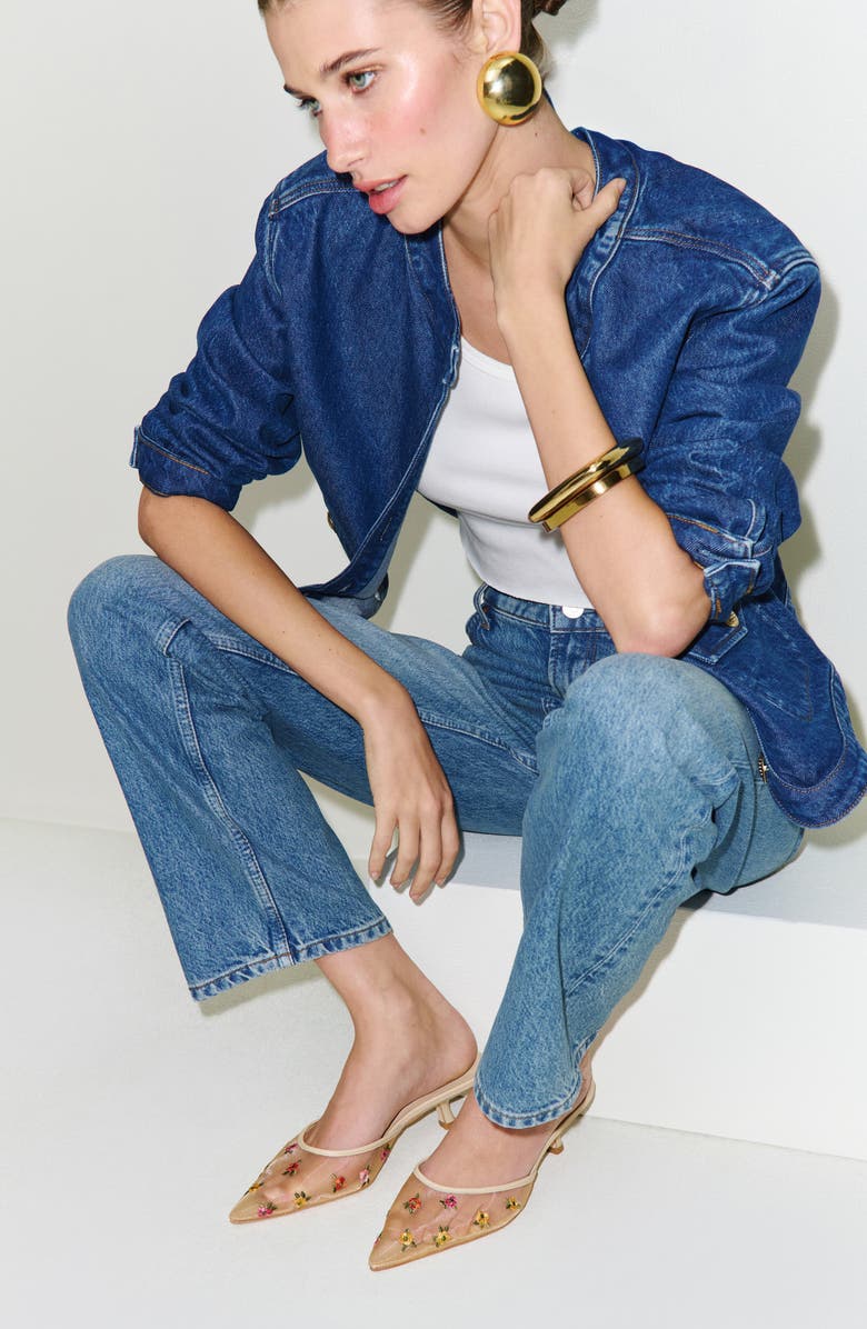 Reformation Wilda Pointed Toe Kitten Mule, Alternate, color, Embroidered Nude Mesh