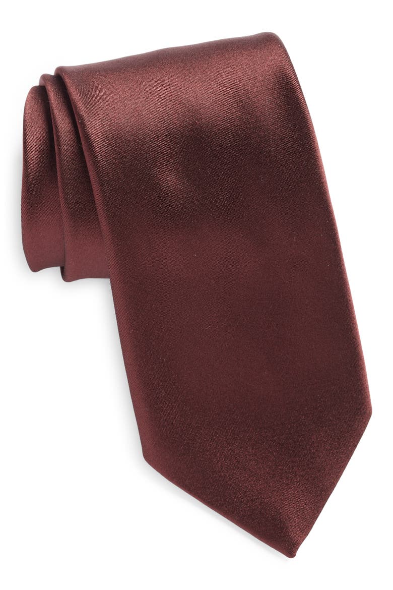 Silk Satin Tie, Main, color, BURGUNDY