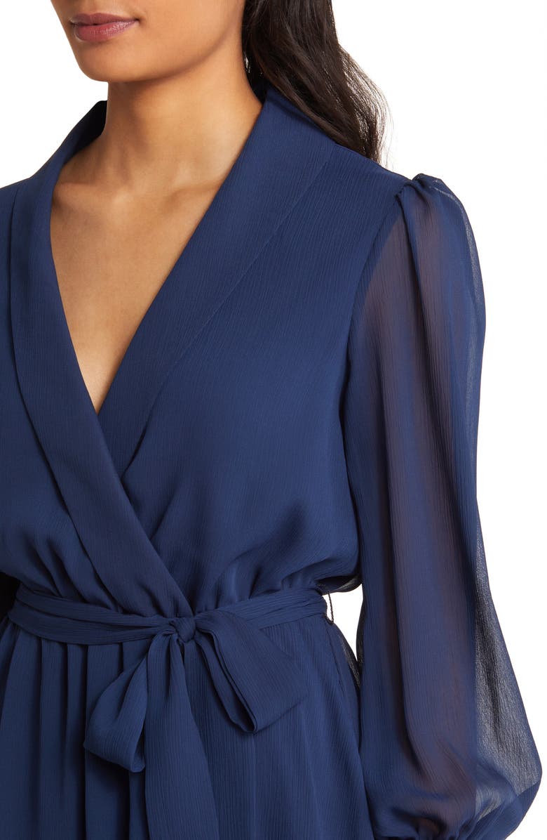 Julia Jordan Long Sleeve Chiffon Faux Wrap Dress, Alternate, color, Navy