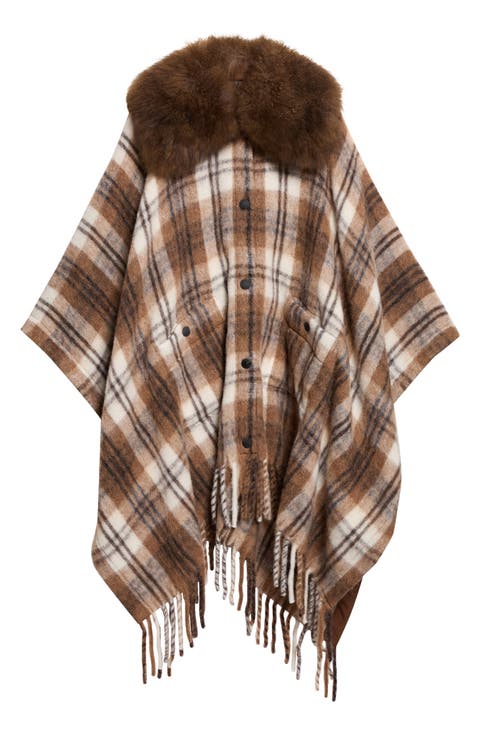 Plaid Genuine Shearling Collar Mohair, Alpaca and Wool Blend Cape