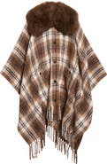 Moncler Grenoble Plaid Genuine Shearling Collar Mohair, Alpaca and Wool Blend Cape