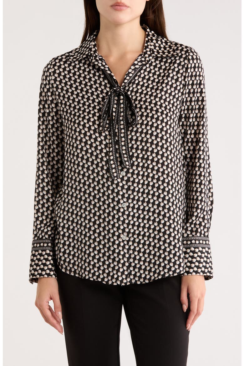 Satin Tie Neck Button-Up Shirt, Main, color, BKBGSHTP-BLACK/ BEIGE SHADOW