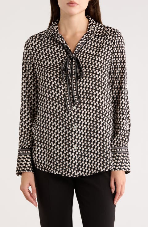 Satin Tie Neck Button-Up Shirt