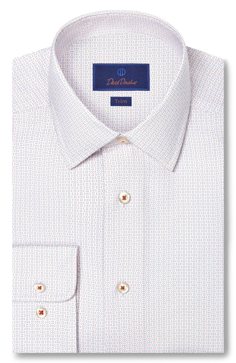 David Donahue Trim Fit Geometric Cotton Dress Shirt, Main, color, White/ Orange