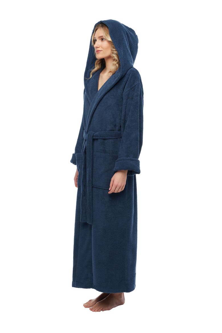 Womens GOTS Certified Oganic Cotton Long Hooded Robe, Alternate, color, Navy
