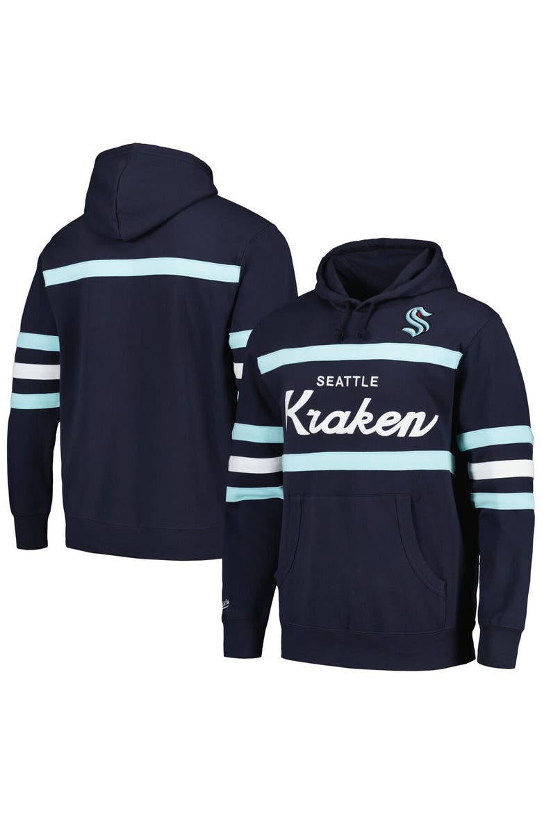 Men's Mitchell & Ness Deep Sea Blue Seattle Kraken Head Coach Pullover Hoodie, Main, color, Navy