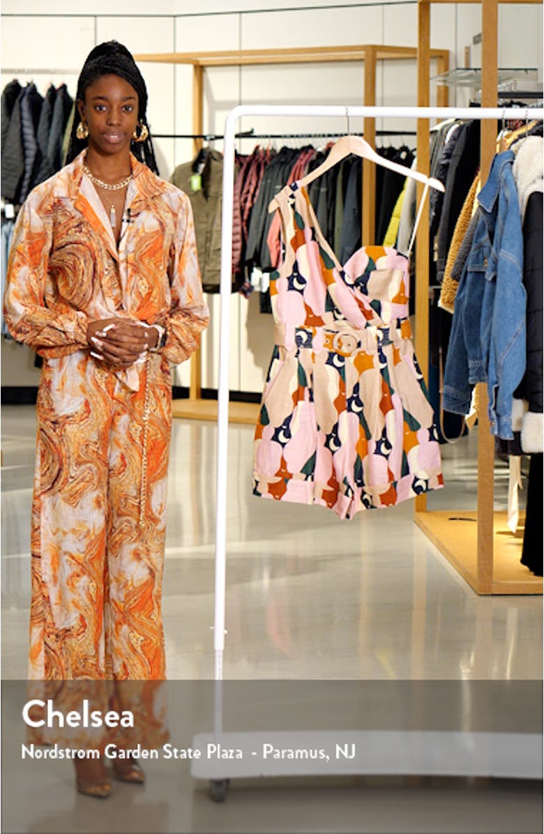 The Kiss Multicolor Print One-Shoulder Linen Romper, sales video thumbnail