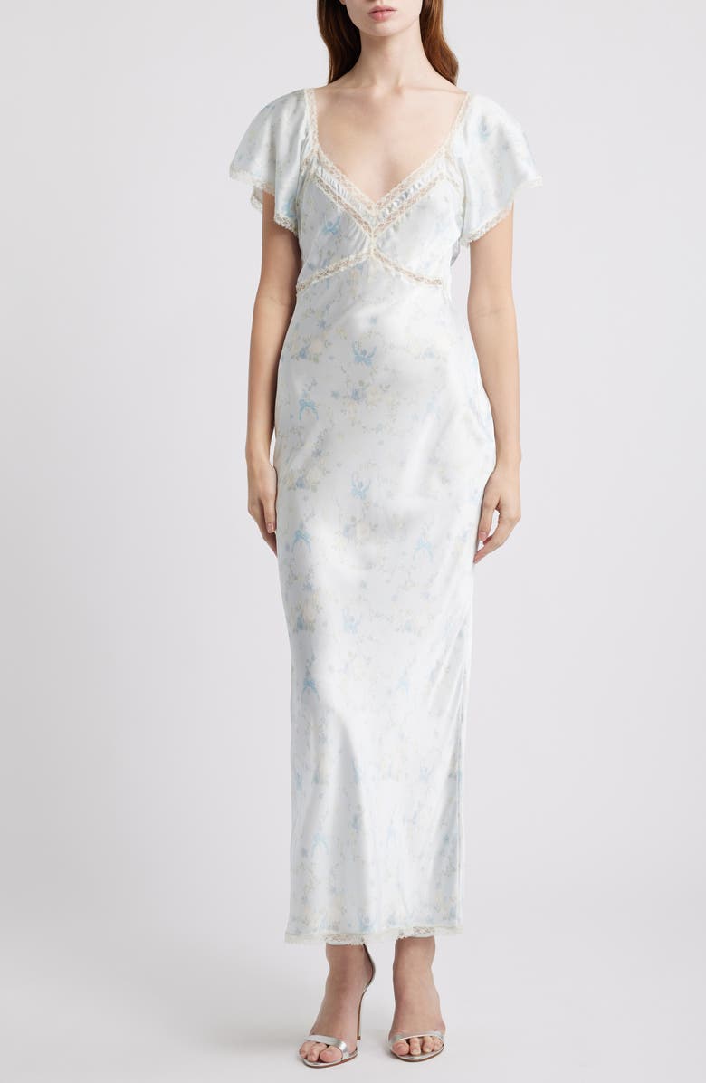 LoveShackFancy Eline Floral Print Lace Trim Silk Maxi Dress, Main, color, Snowdrop Blue