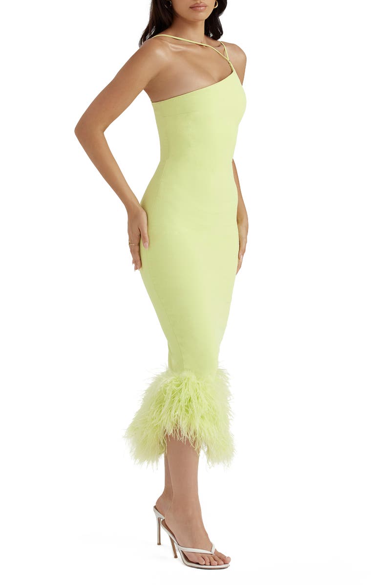 HOUSE OF CB Alessia Asymmetric Feather Trim Midi Dress, Alternate, color, Lime