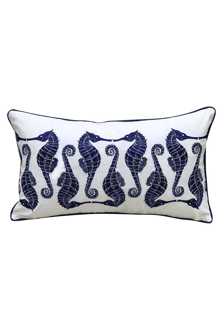 Indigo Series Seahorse Pattern Embroidered Indoor/Outdoor Accent Throw Pillow, Main, color, Blue