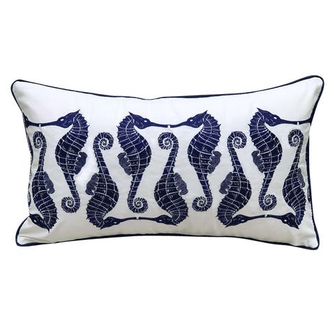 Indigo Series Seahorse Pattern Embroidered Indoor/Outdoor Accent Throw Pillow