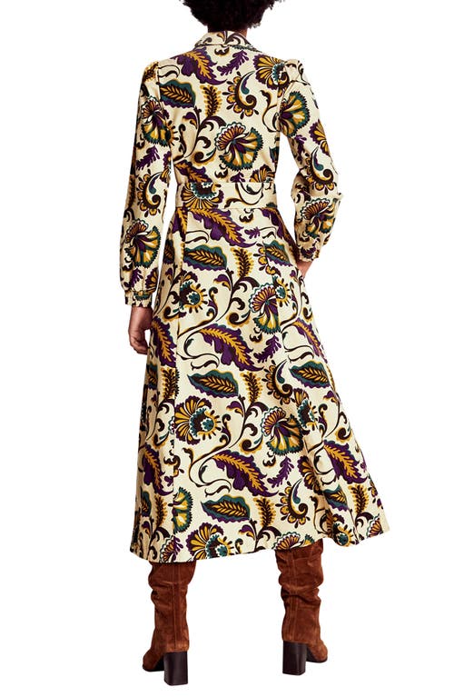 Boden Clara Print Tie Waist Long Sleeve Corduroy Midi Shirtdress In Neutral