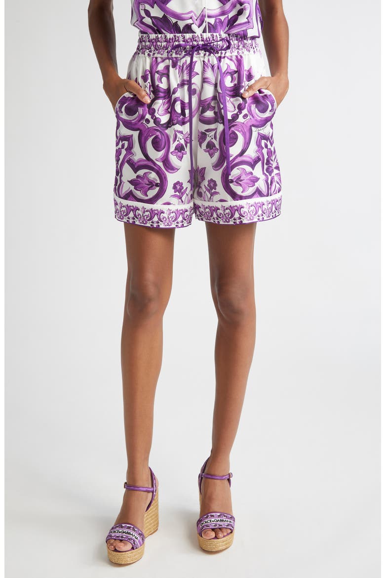 Majolica Print Silk Twill Drawstring Shorts, Main, color, I23TN MAIOLICA 1 VIOLA