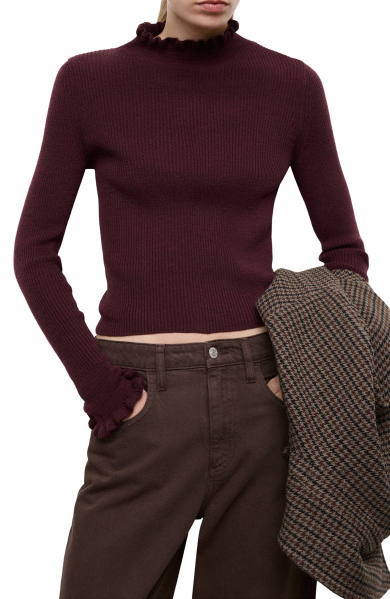 MANGO Scallop Mock Neck Sweater, Main, color, Wine
