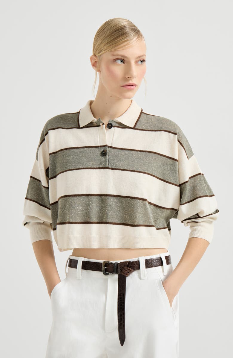 Brunello Cucinelli Cropped knit polo with sparkling stripes, Alternate, color, Sage