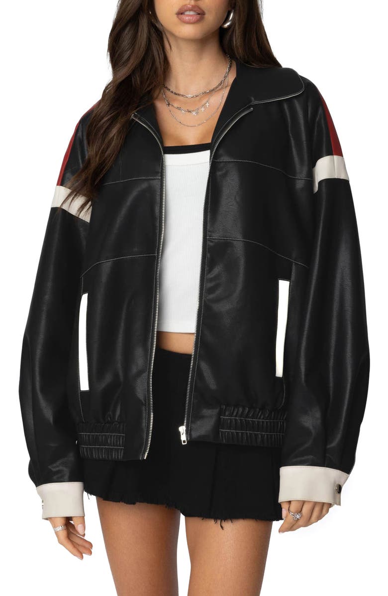 EDIKTED North Star Faux Leather Bomber Jacket, Main, color, Mix