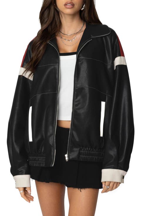 North Star Faux Leather Bomber Jacket