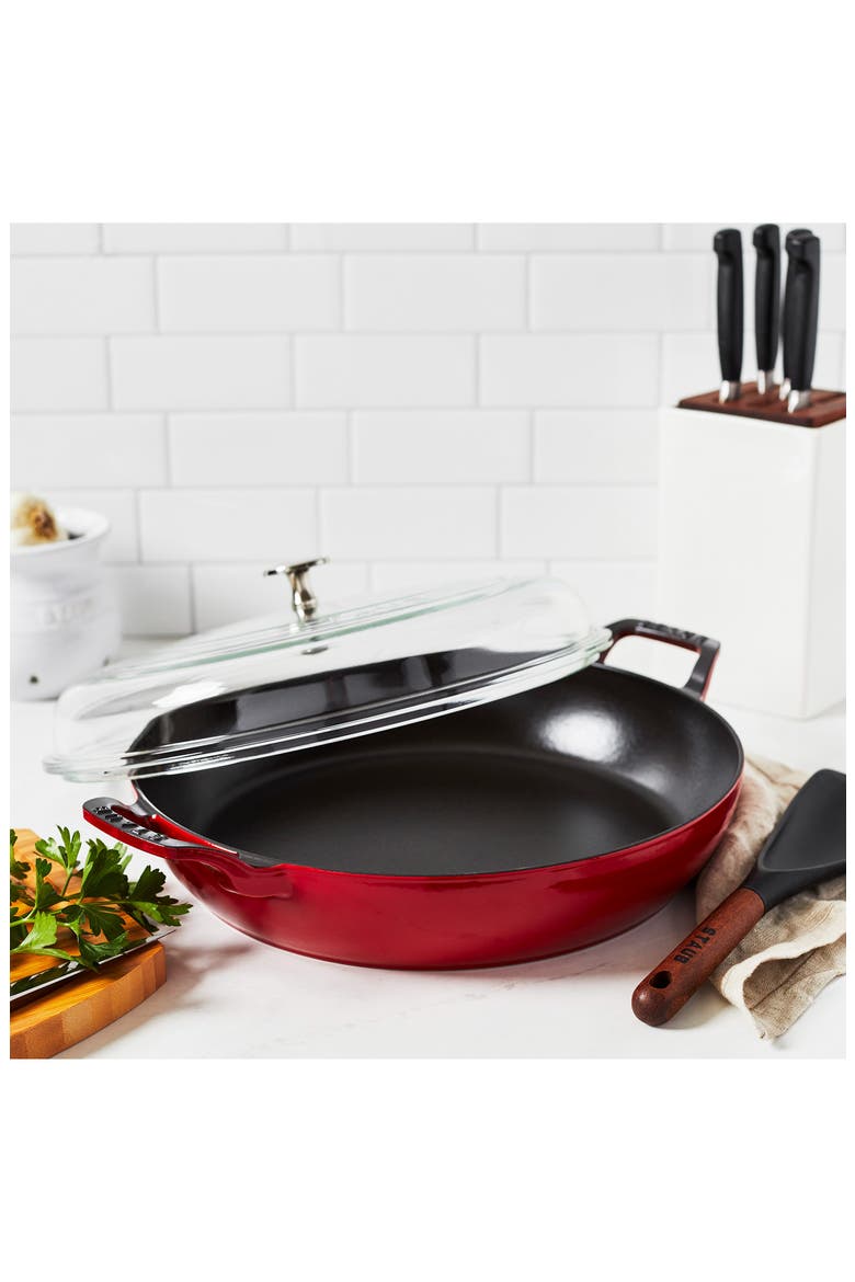 3.5 Quart Enameled Cast Iron Braiser with Glass Lid, Alternate, color, CHERRY